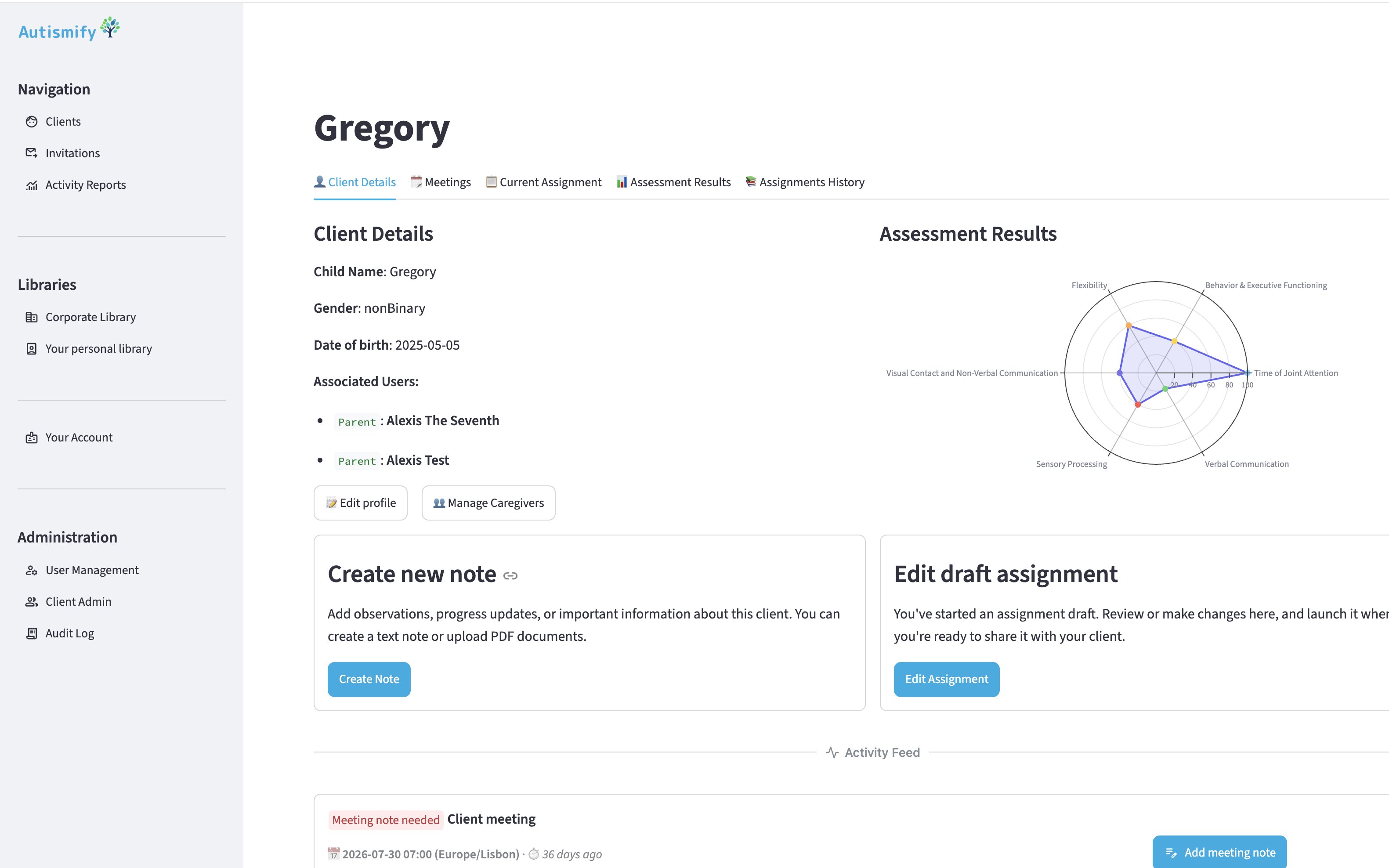 Autismify clinician workspace showing a client profile, assessment results and assignment controls.