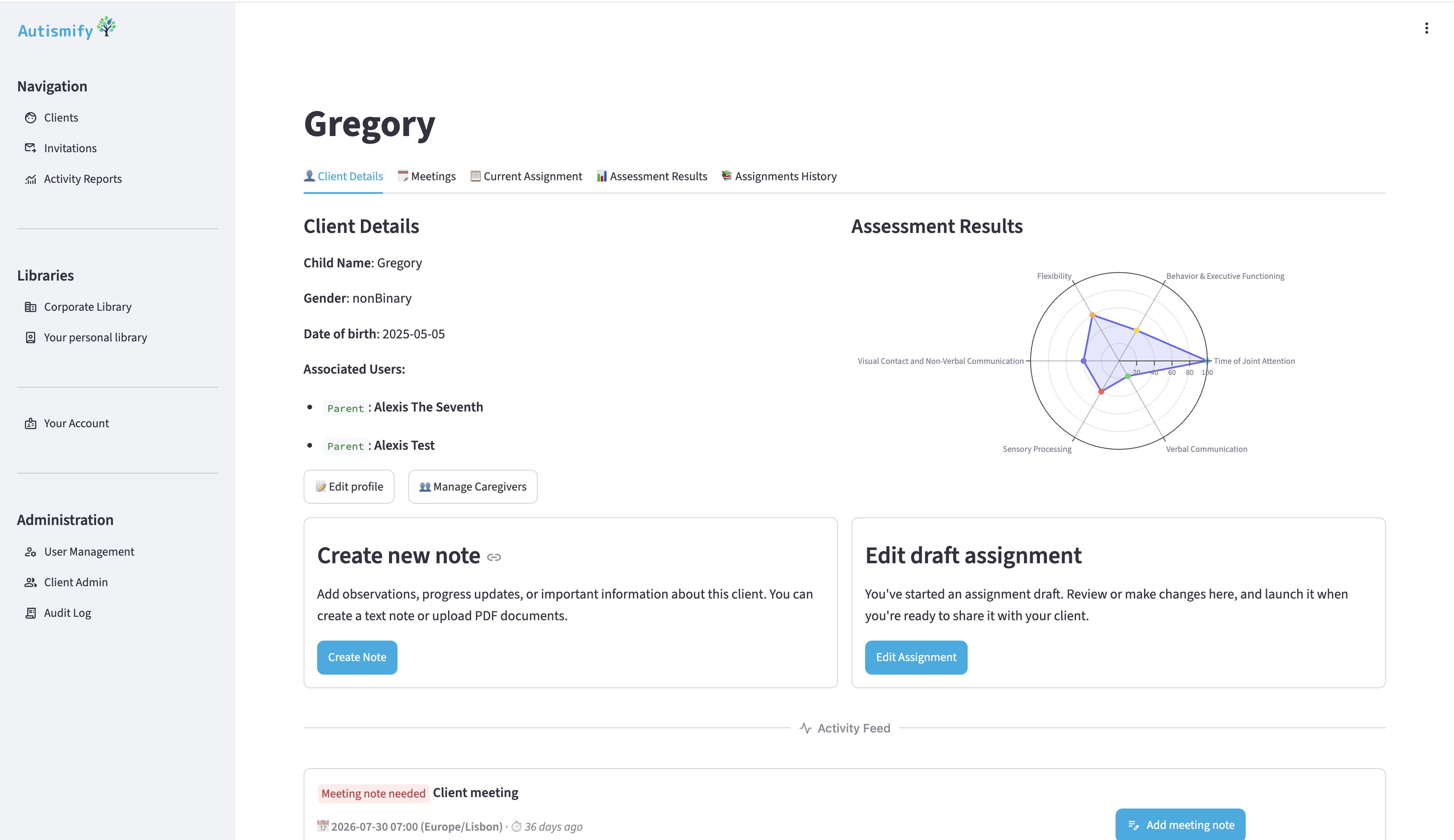 Autismify clinician workspace showing a client profile, assessment results and assignment controls.