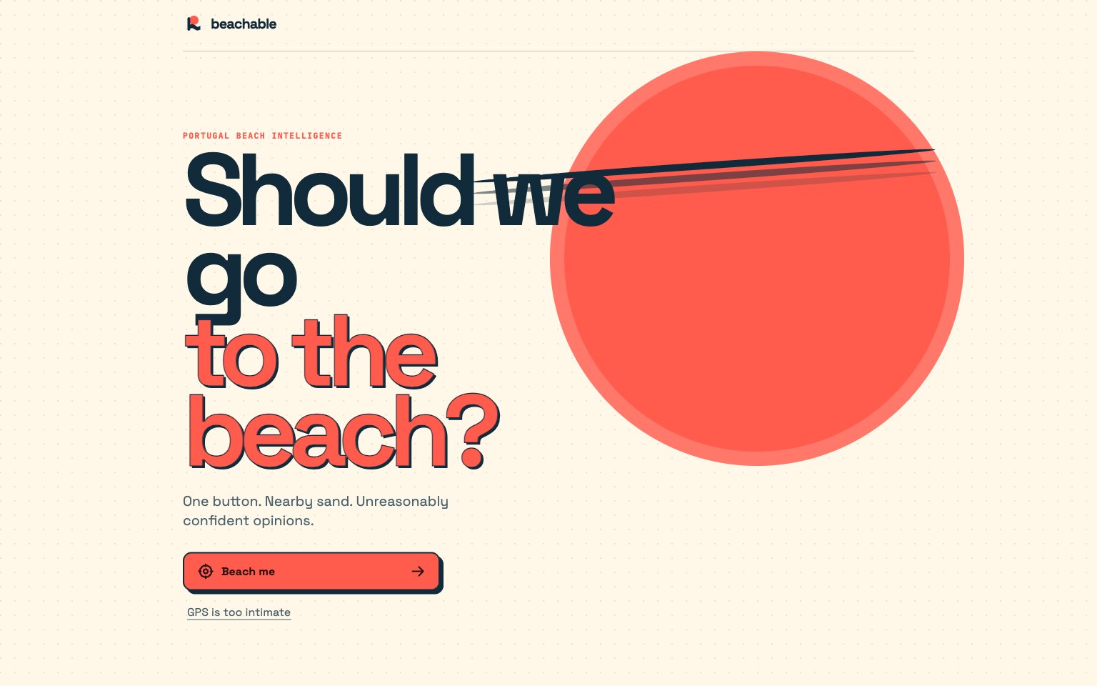 Beachable homepage asking whether to go to the beach with a direct coastal recommendation.