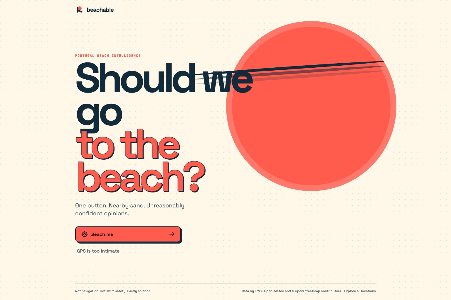 Beachable homepage asking whether to go to the beach with a direct coastal recommendation.