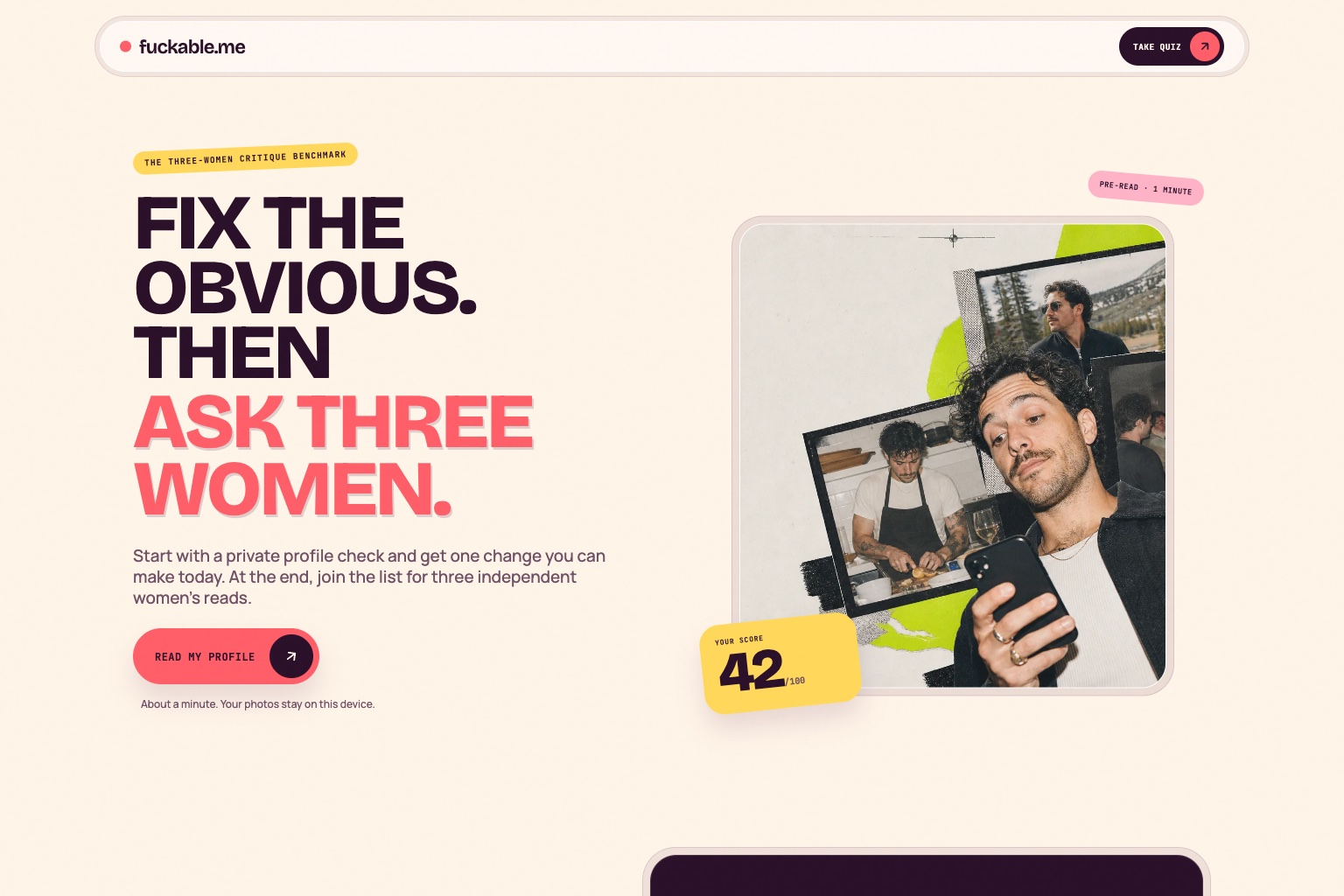 Fuckable.me homepage showing a private profile check and personalised score preview.
