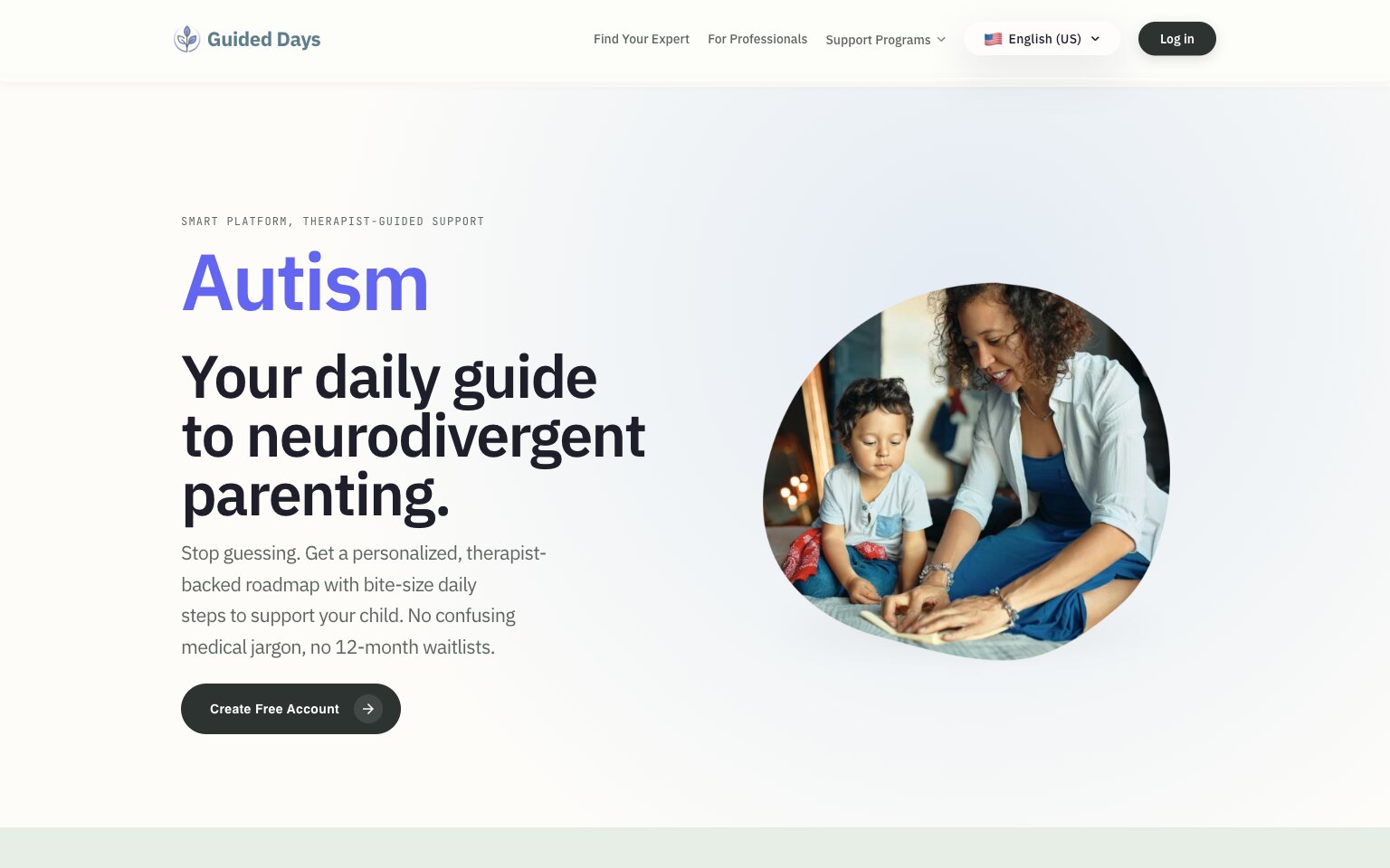 Guided Days homepage showing an autism daily guide and therapist-backed roadmap.