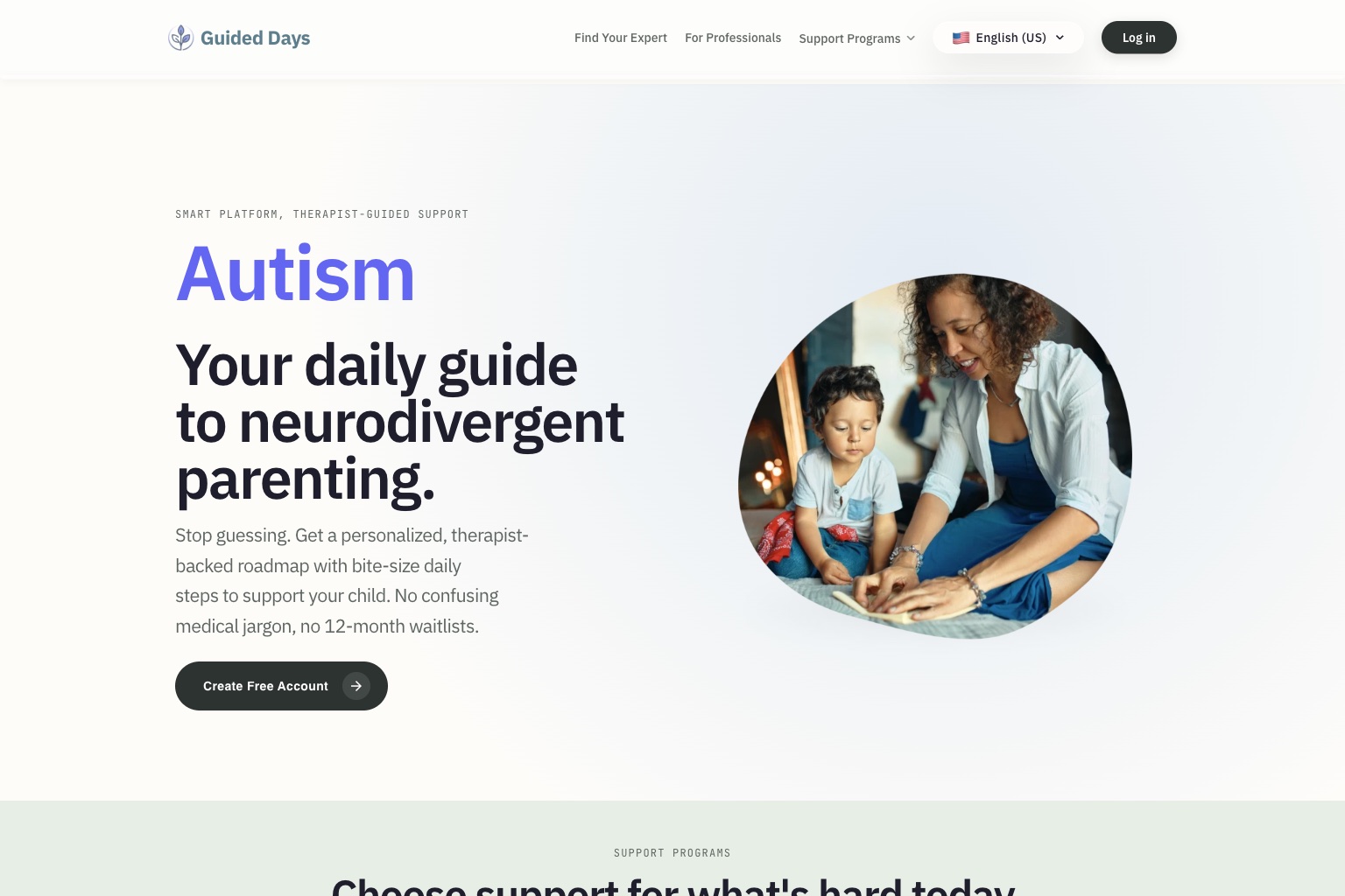 Guided Days homepage showing an autism daily guide and therapist-backed roadmap.