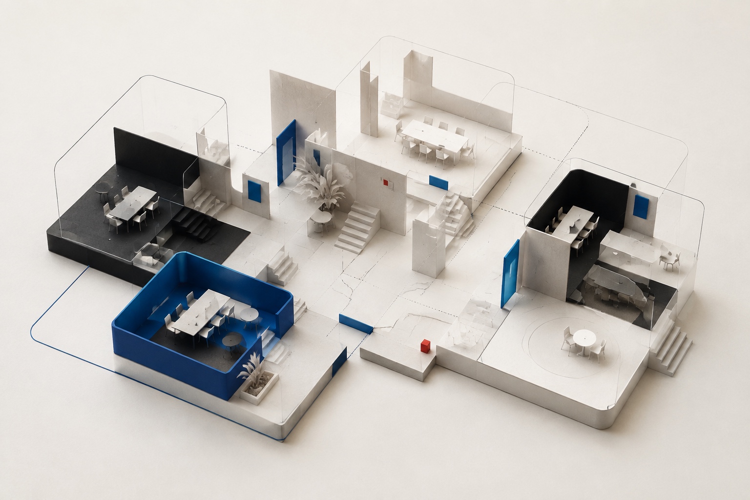 Connected team spaces with distinct boundaries.