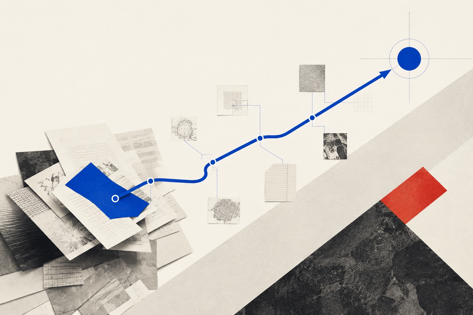 Layered documents becoming one precise blue retrieval path.