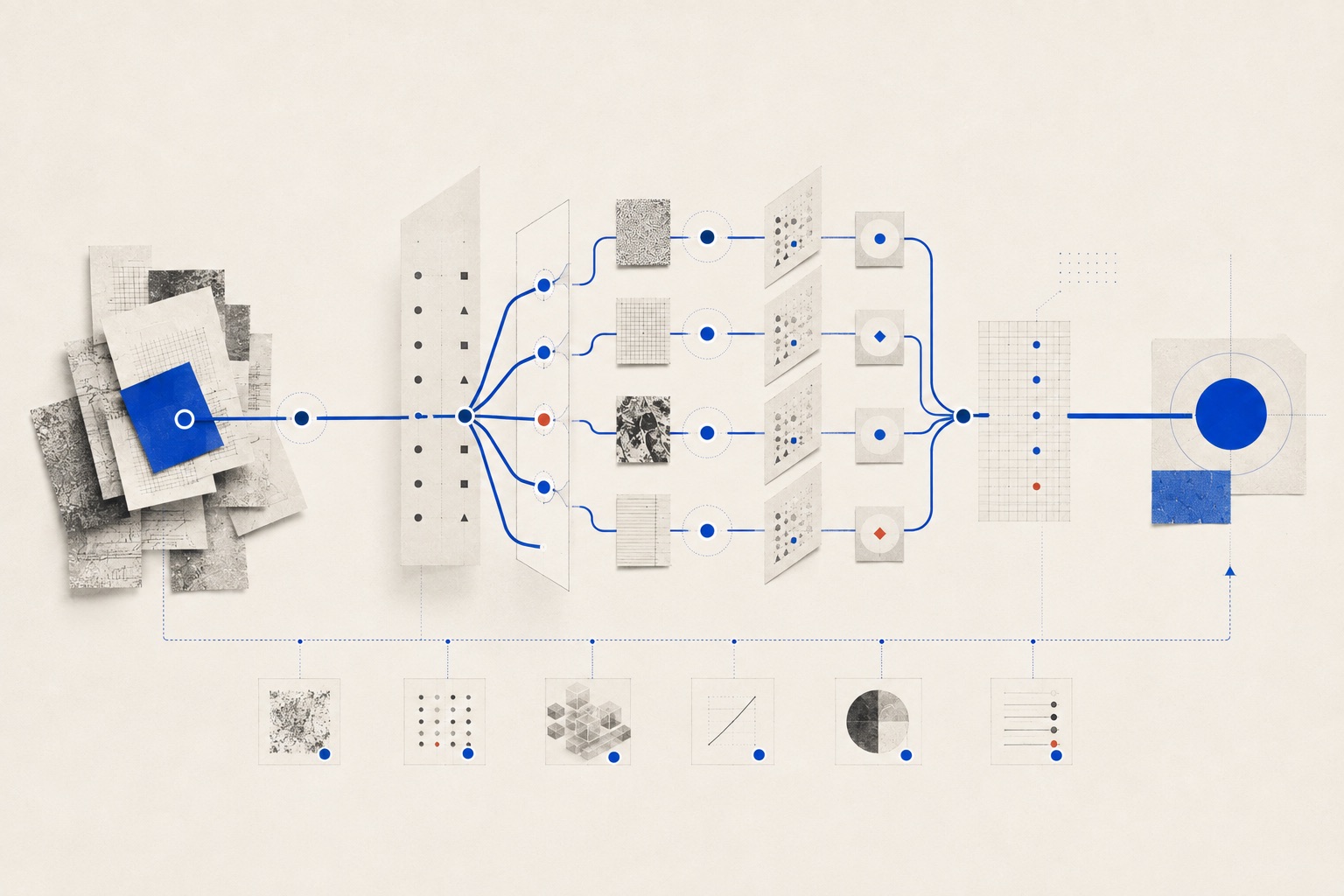 A controlled network of specialised agents turns one business task into a checked result with a visible audit path.
